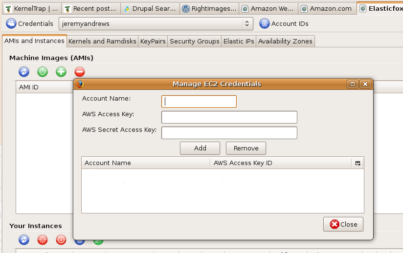 Screenshot of Elasticfox credentials configuration window where AWS Access Key and Secret Access Key are entered to set up Amazon EC2 access.
