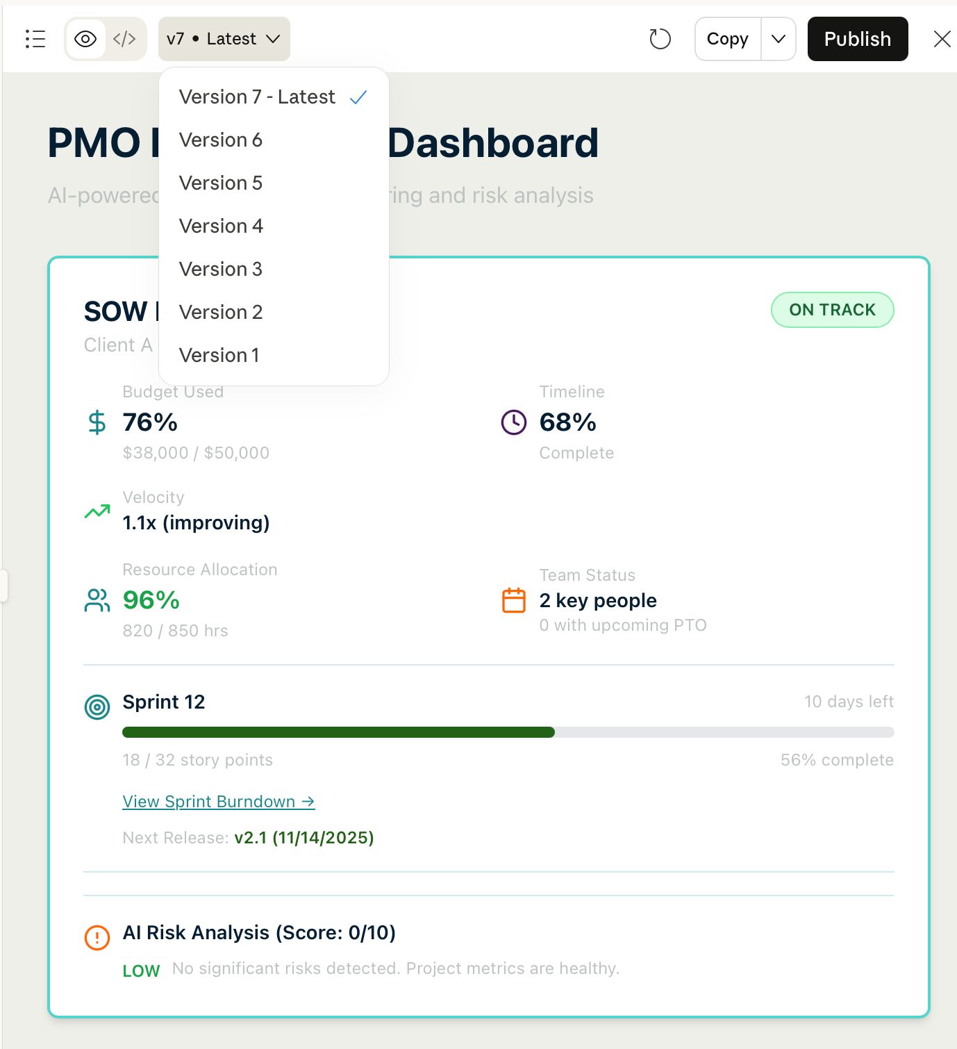 Screenshot of PMO dashboard showing there are 7 iterations.