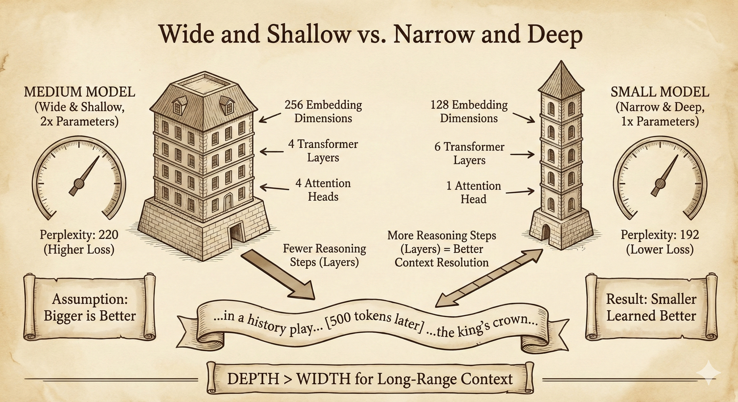 A diagram exmplaining that larger doesn't always mean better, indicating the smaller model learned better.