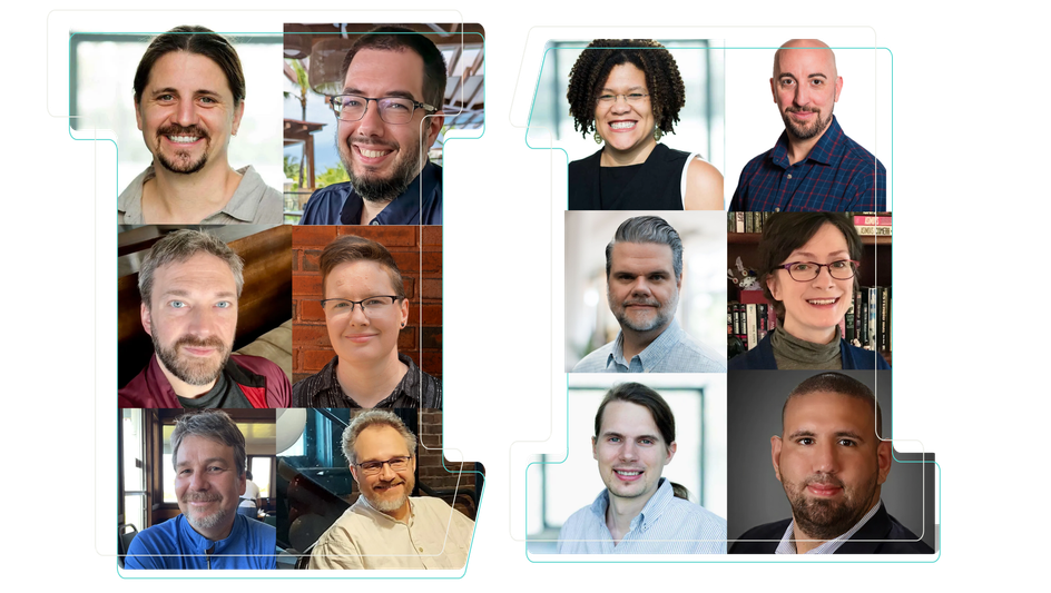 A stylized collage featuring members of the Tag1 team.