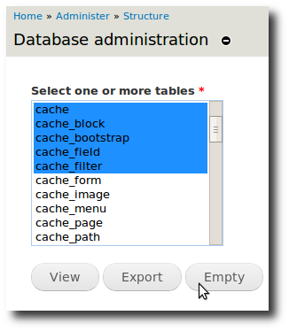 Screenshot showing DBA module interface for table management operations including viewing, exporting, and truncating database tables.