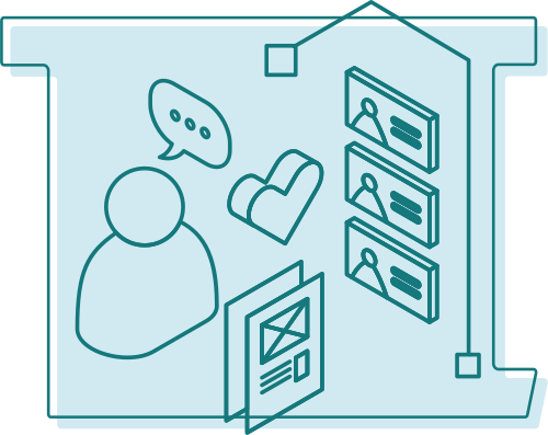 T outline with illustrations of people speaking and feedback