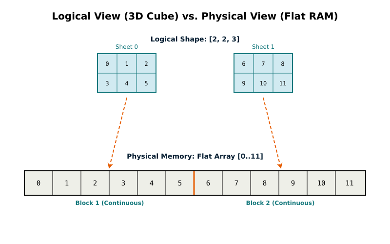 A dual-view diagram comparing the “Logical” 3D shape of a tensor against its “Physical” linear reality in RAM.