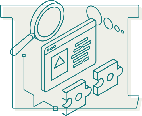 A outline with gear and chart illustrations