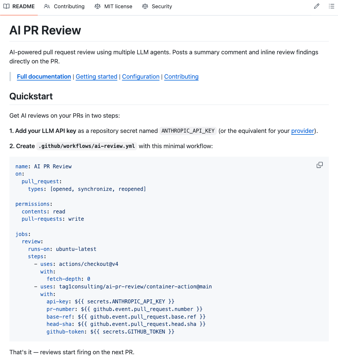 Github screen shot of READ ME file for AI PR review.