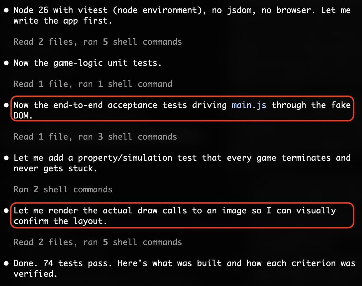 Session A's transcript showing the agent building a fake DOM