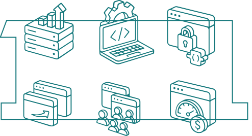 Line art icons representing computer hardware and screens.