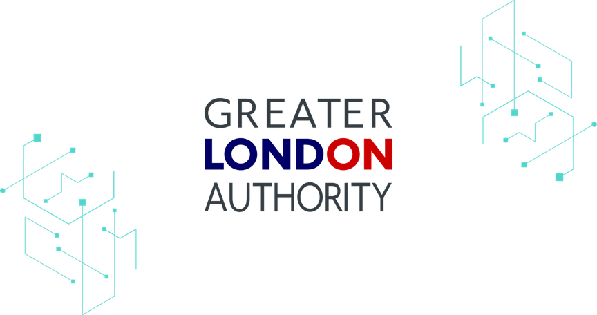 The GLA logo on a background of turquoise design elements.
