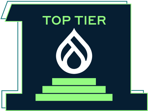 Line art representing a stack of Drupal sites with the Drupal logo and the label Top Tier.