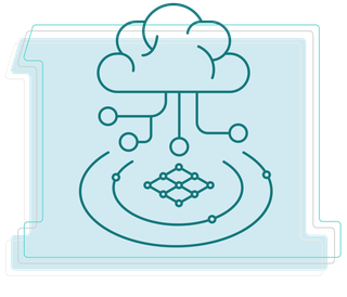 Line art depicting computer windows and a server.