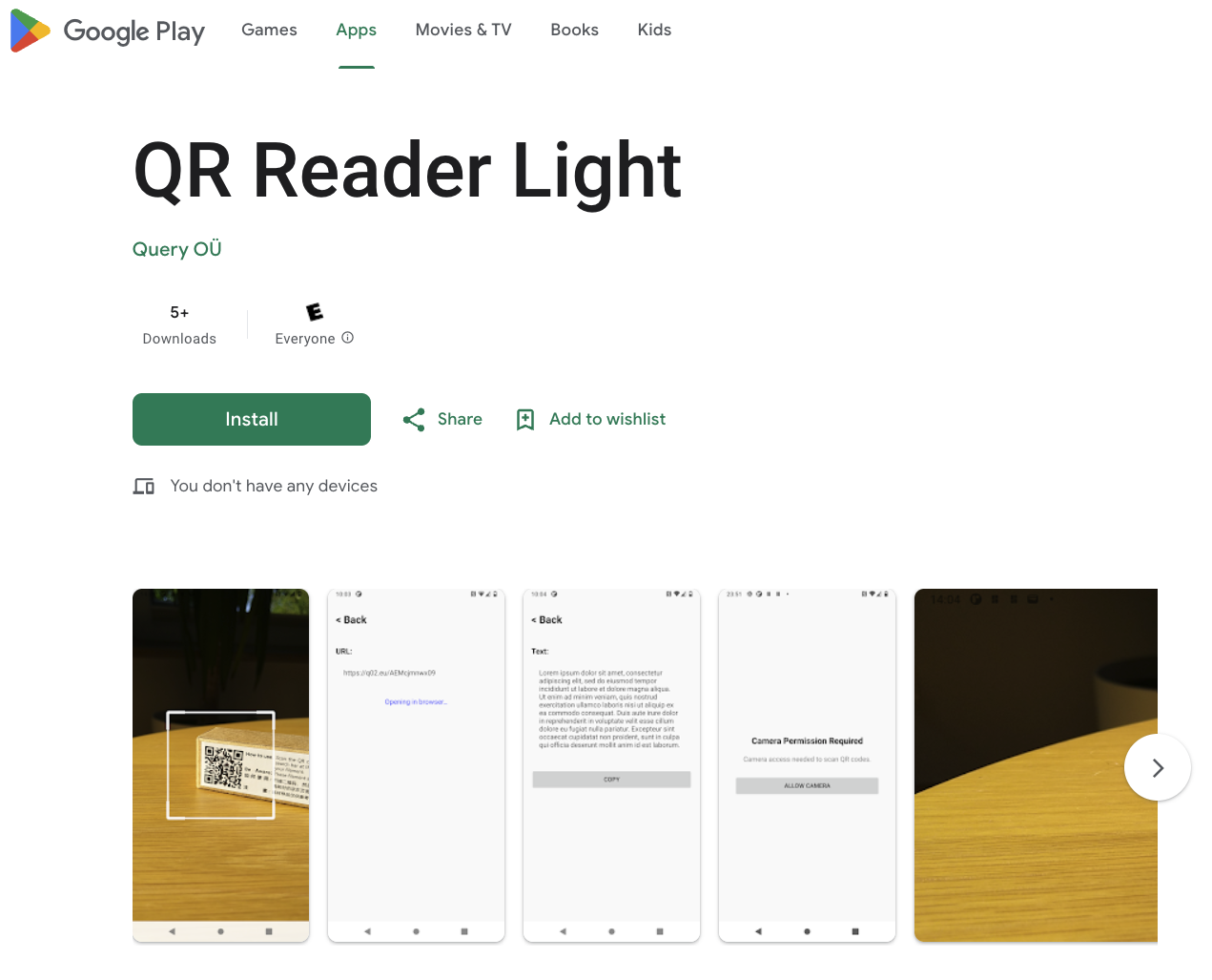 Google Play Store showing listing for QR Reader Light with screenshots of the app.