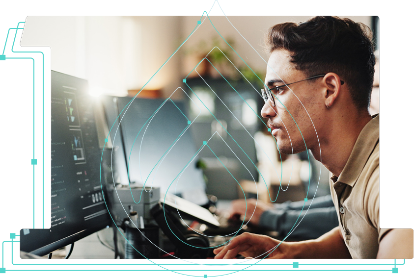 Man looking at a computer, overlaid with the Drupal logo.