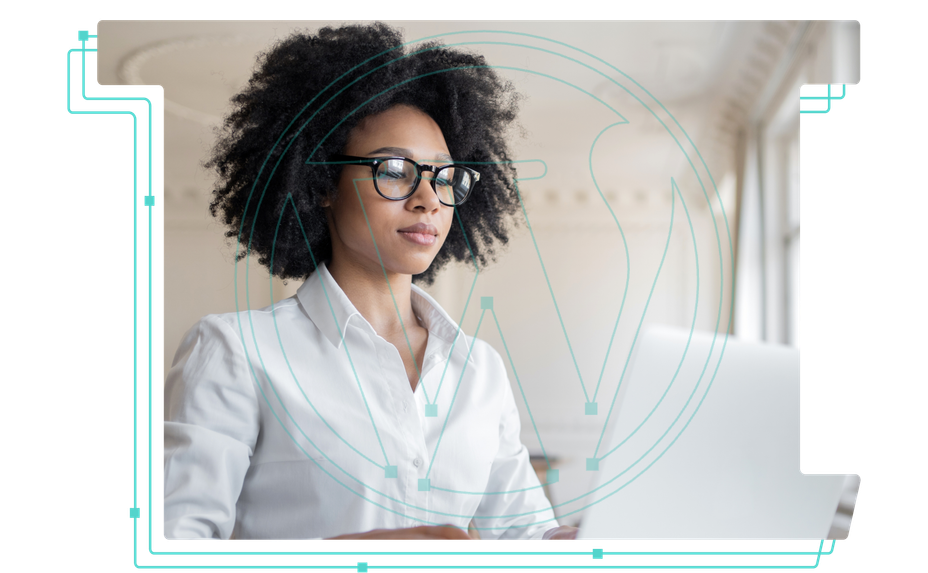 Woman looking at a computer, overlaid with the WordPress logo.