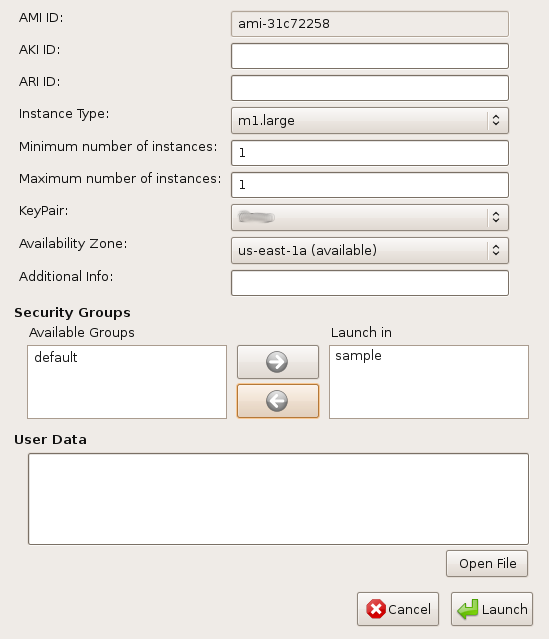 Screenshot of EC2 instance launch configuration showing AMI ID, instance type selection (m1.large), key pair assignment, and security group settings.