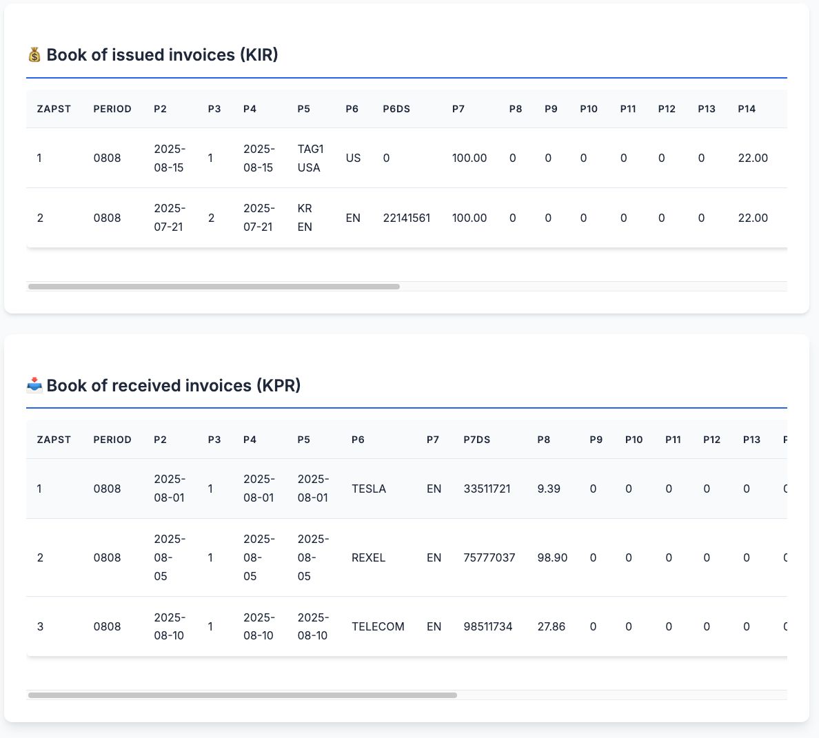 Screenshot off VAT tool list of invoices (KIR and KPR) as a result of the upload.
