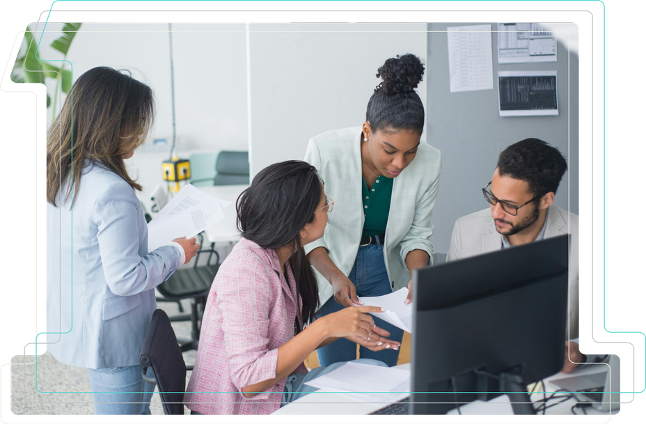 Man looking at a computer, overlaid with the Drupal logo.