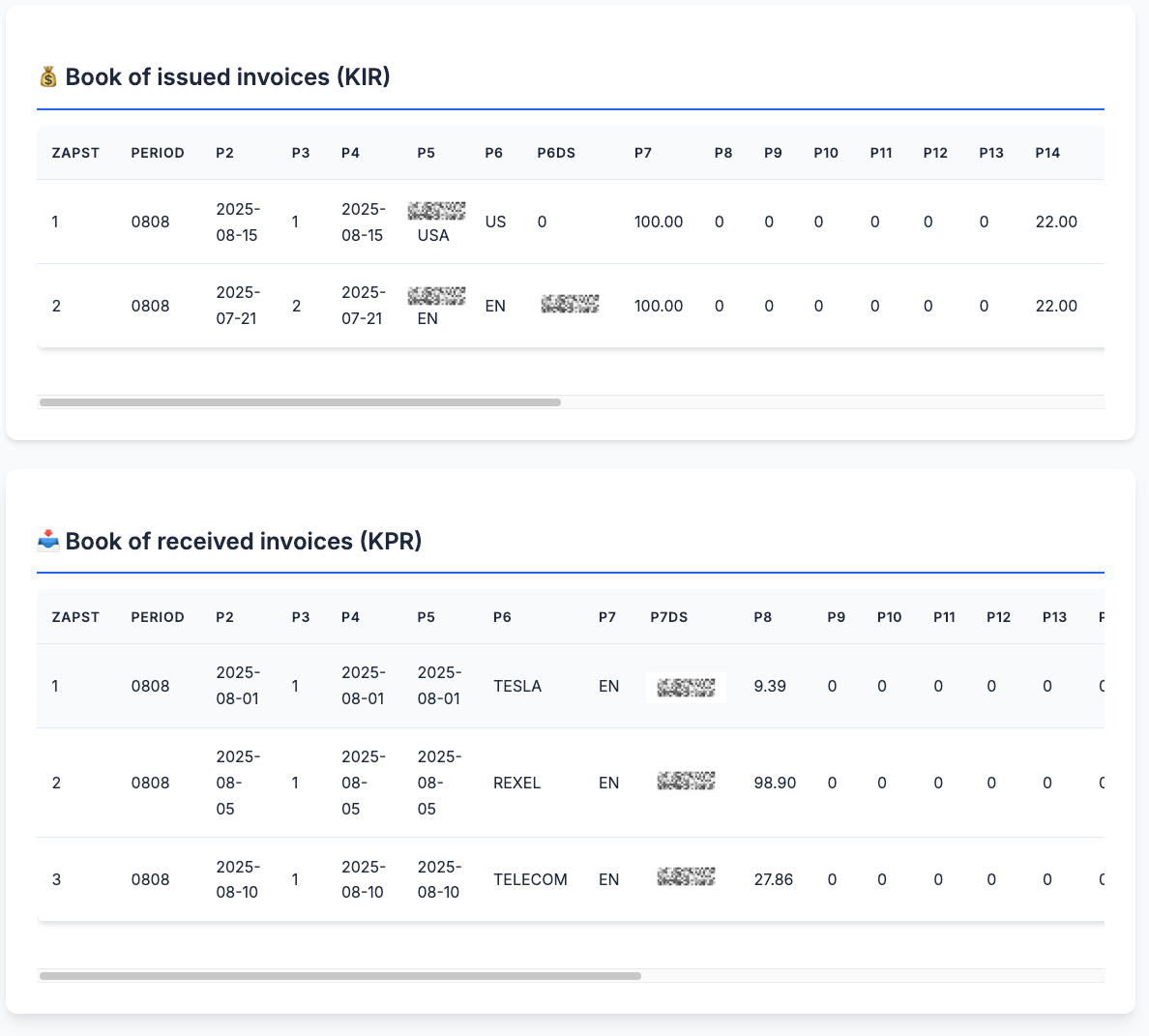 Screenshot off VAT tool list of invoices (KIR and KPR) as a result of the upload.