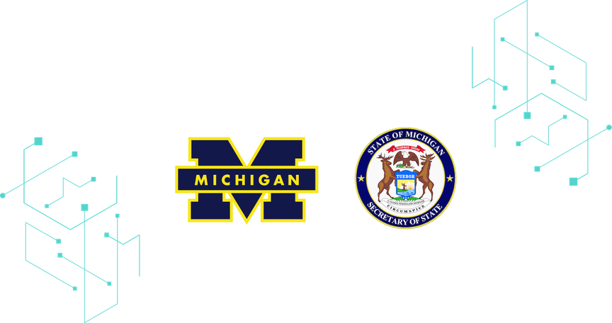 The Michigan logo on a background of turquoise design elements.