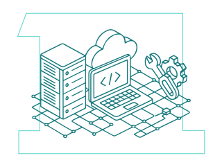Line art depicting laptop and tools.