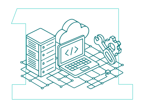 Line art representing a server and a laptop.