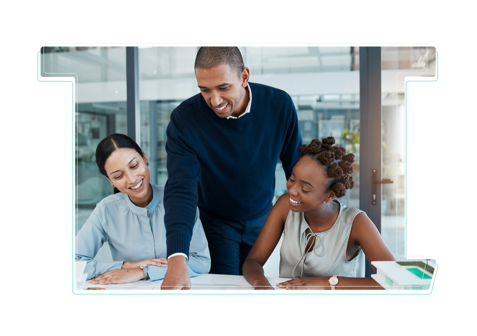 A stylized line art rendering letter T with image of monitor and hands working.