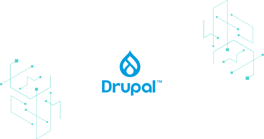 The Drupal logo on a background of turquoise design elements.