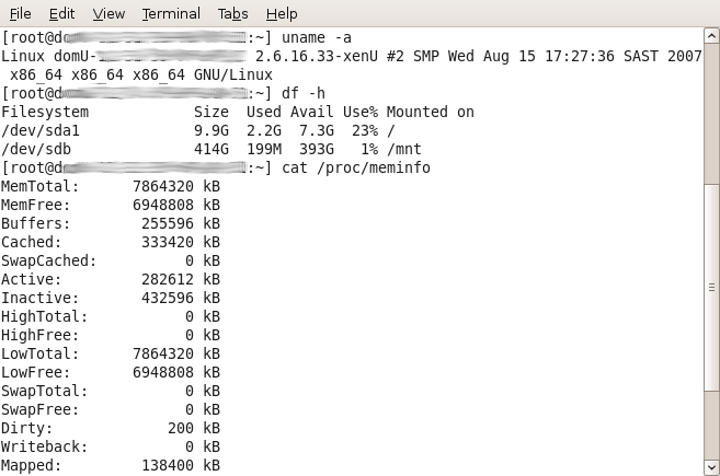 Screenshot of EC2 terminal session showing system information commands: uname -a output displaying Linux kernel version, df -h showing disk space, and cat /proc/meminfo displaying memory information.