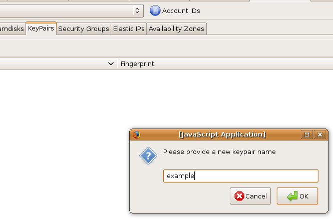 Screenshot of Elasticfox KeyPairs tab interface before creating a key pair, showing empty key pair list.