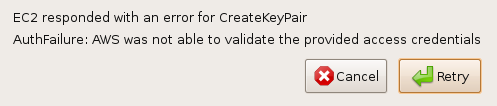 Screenshot showing AWS authentication failure error message when credentials are incorrectly configured or EC2 service signup is incomplete.