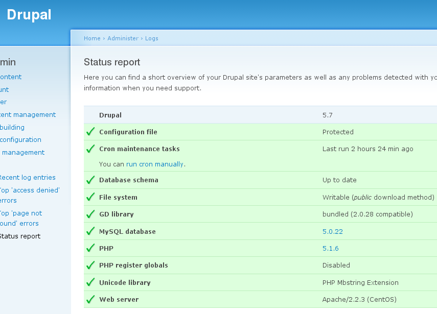 Screenshot of Drupal status report page showing successful installation on EC2 instance with all system requirements met and configuration complete.