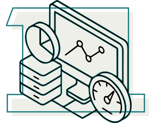Line art depicting a computer monitor with a pie chart and timer.
