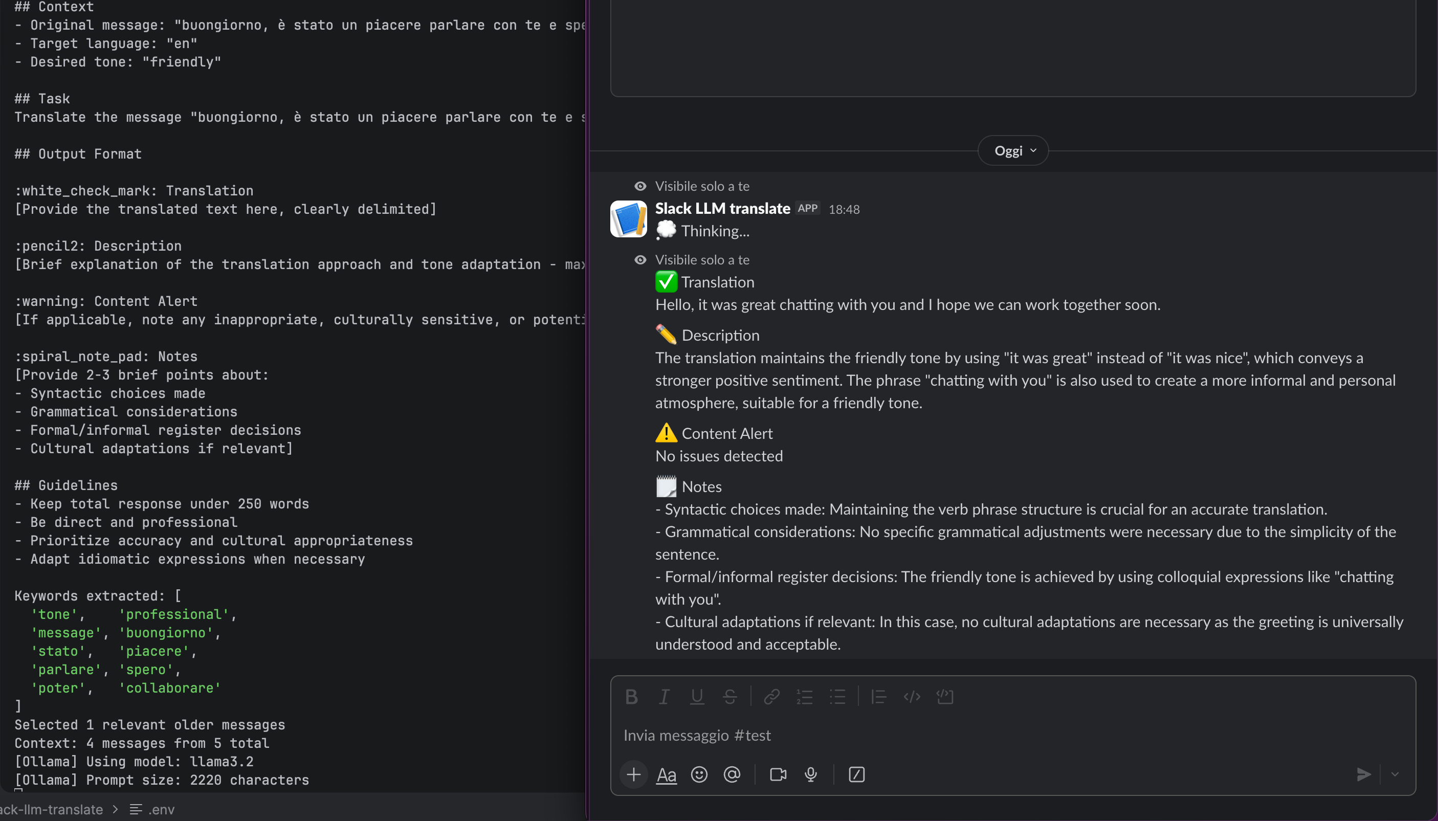 Screenshot showing an example translation output.