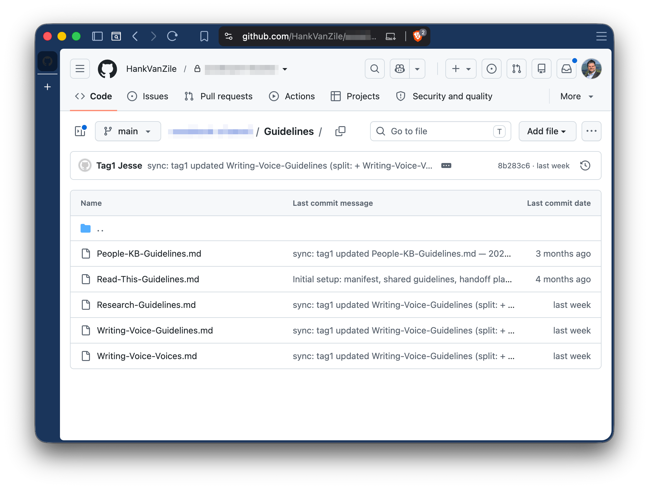 he private git repo's Guidelines folder on GitHub, showing shared guideline files automatically committed by the Jesse assistant with 'sync:' commit messages.