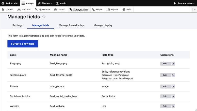 Manage Form Display page