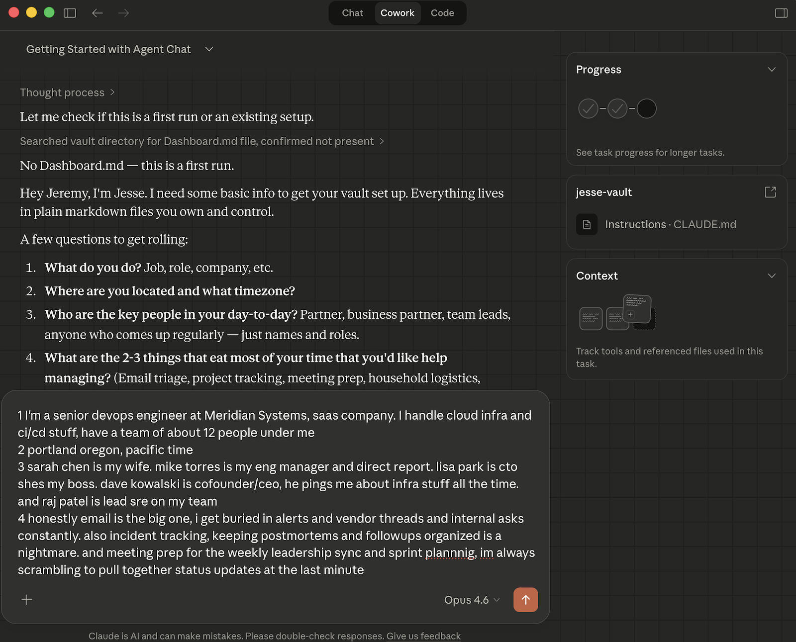 Screenshot of a first conversation with Jesse for setup.