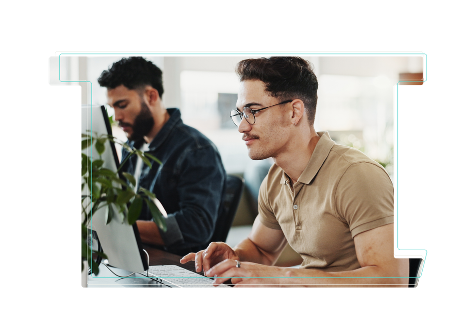 A stylized line art rendering letter T with two popele working at computer.