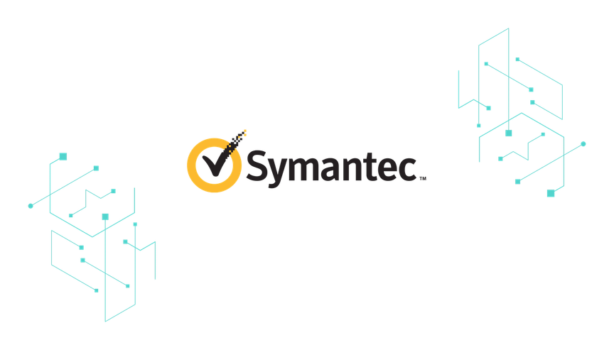 The Symantec logo on a background of turquoise design elements.