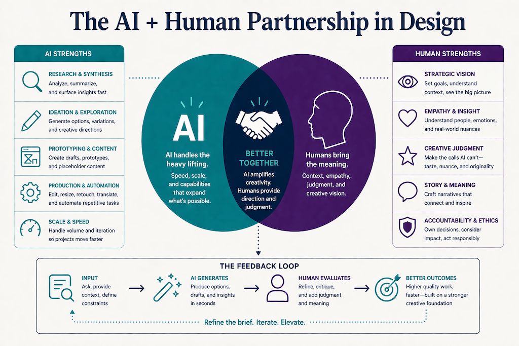 Diagram that explains the working relationship and strenghts together for AI and humans.