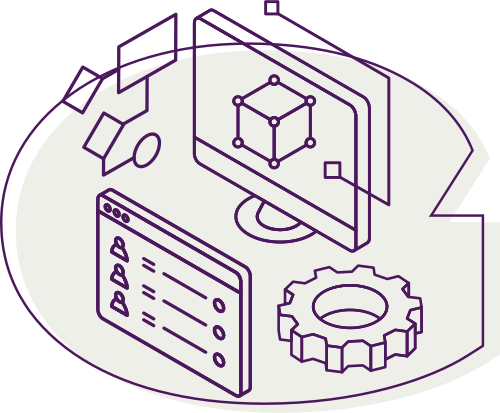 G outline with illustrations of team dashboard and organization flow chart