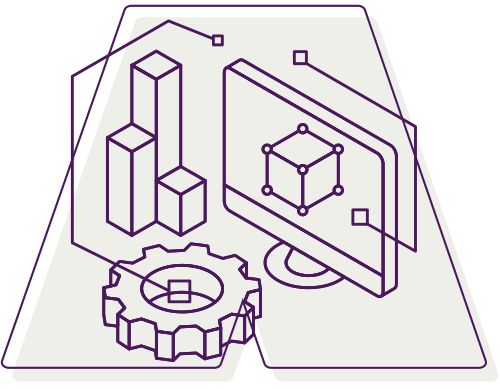 A outline with gear and chart illustrations