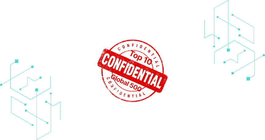 A confidential logo on a background of turquoise design elements.