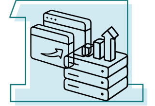 Line art depicting computer windows and a server.