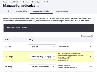 Claro: Manage form display