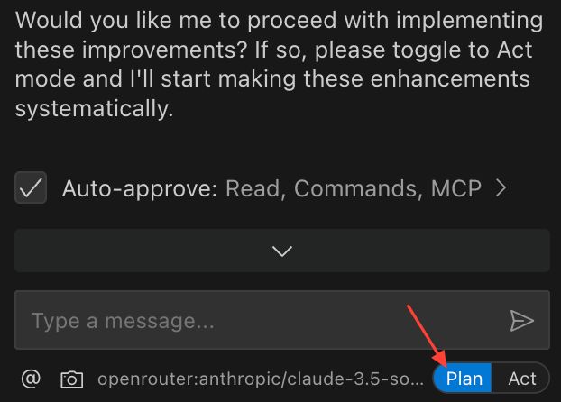 An image of the Cline prompt interface, highlighting an option below the prompt window indicating where and how users can access plan mode.