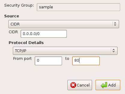 Screenshot of Elasticfox security group configuration interface for adding firewall permissions for SSH (port 22) and HTTP (port 80) access.