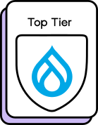 Line art representing a stack of Drupal sites with the Drupal logo and the label Top Tier.