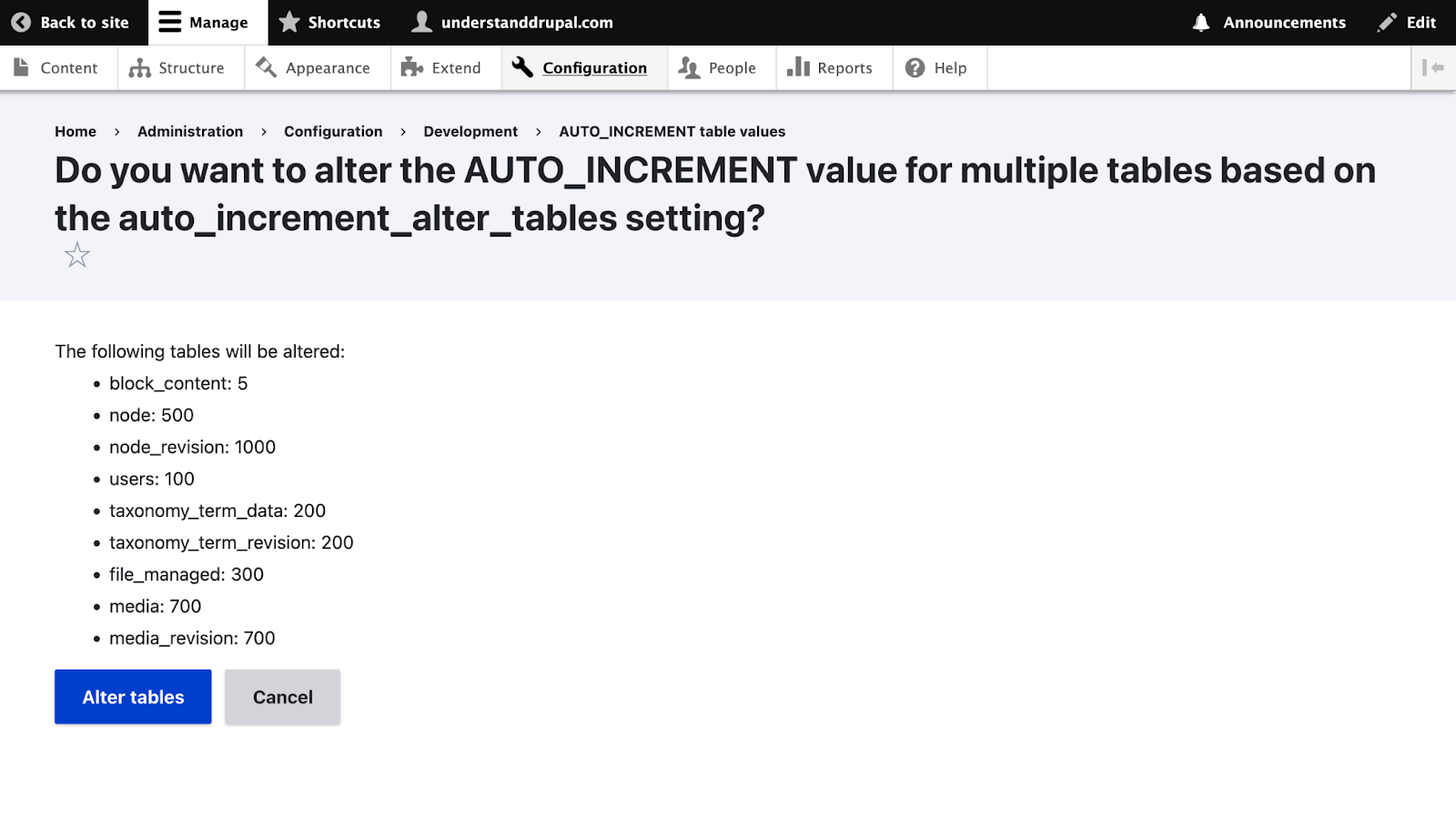 Overview page listing AUTO_INCREMENT values for all tables