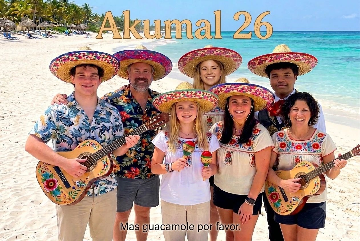 Moshe's family beach photo, mariachi-style: sombreros, guitars