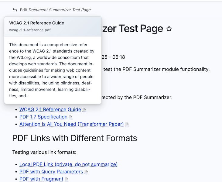 Screenshot of the Document Summarizer Tooltip module for Drupal showing a tool tip modal containing the AI-generated summary of a PDF file
