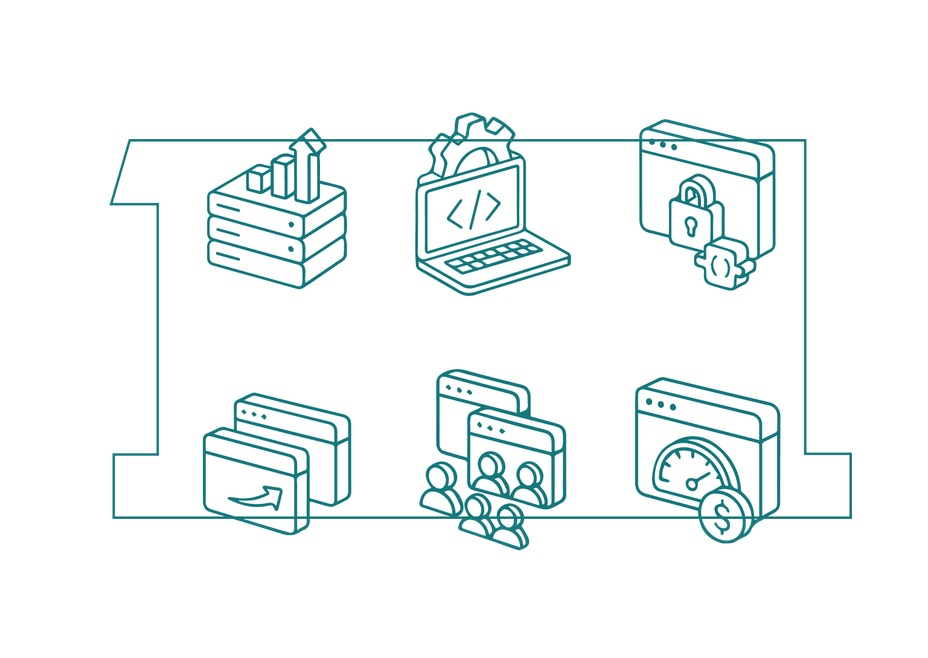 Decorative line art depicting abstract technical concepts such as collaboration and security.